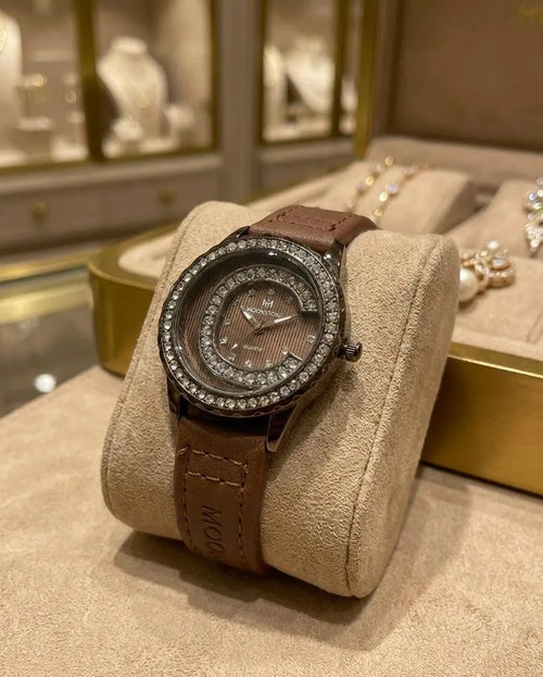 Elegant Women’s Brown Leather Watch with Crystal Accents