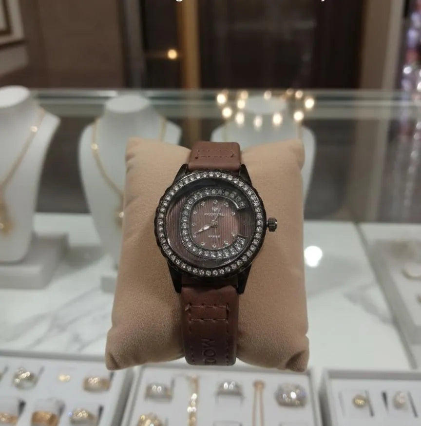 Elegant Women’s Brown Leather Watch with Crystal Accents