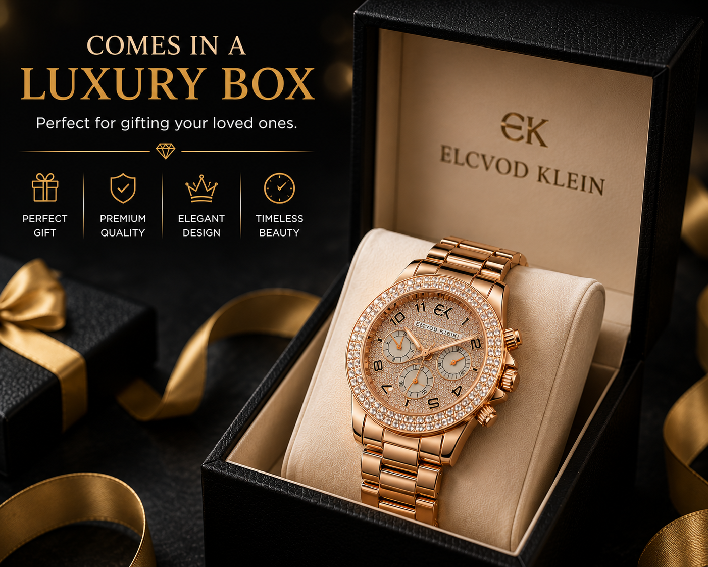 Luxury Rose Gold ELCVOD KLEIN Crystal Chronograph Watch for Men & Women