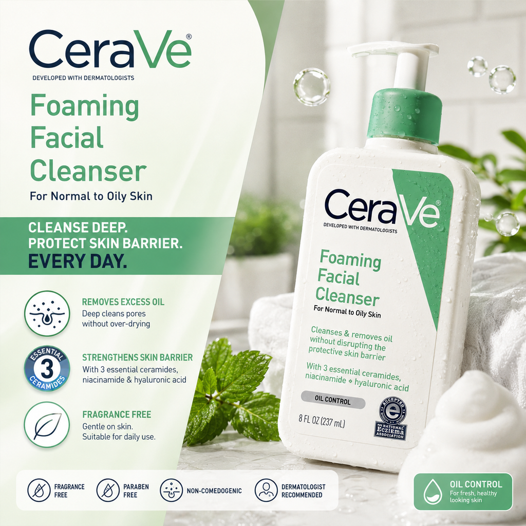 CeraVe Foaming Facial Cleanser 237ml – For Normal to Oily Skin