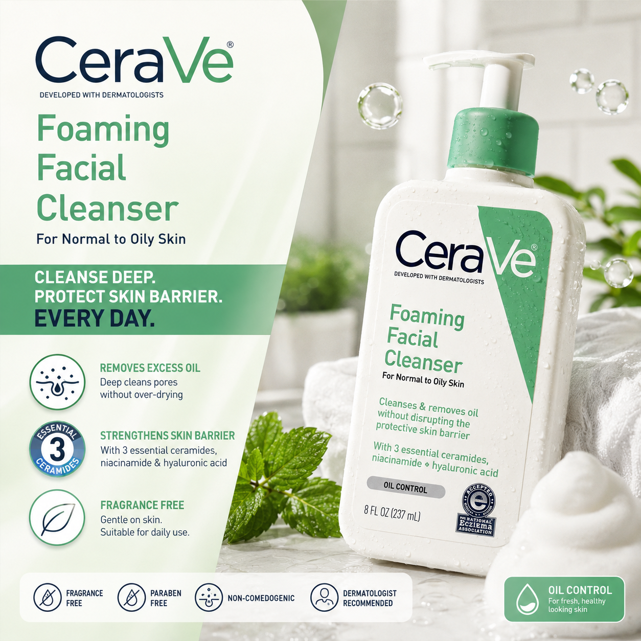 CeraVe Foaming Facial Cleanser 237ml – For Normal to Oily Skin