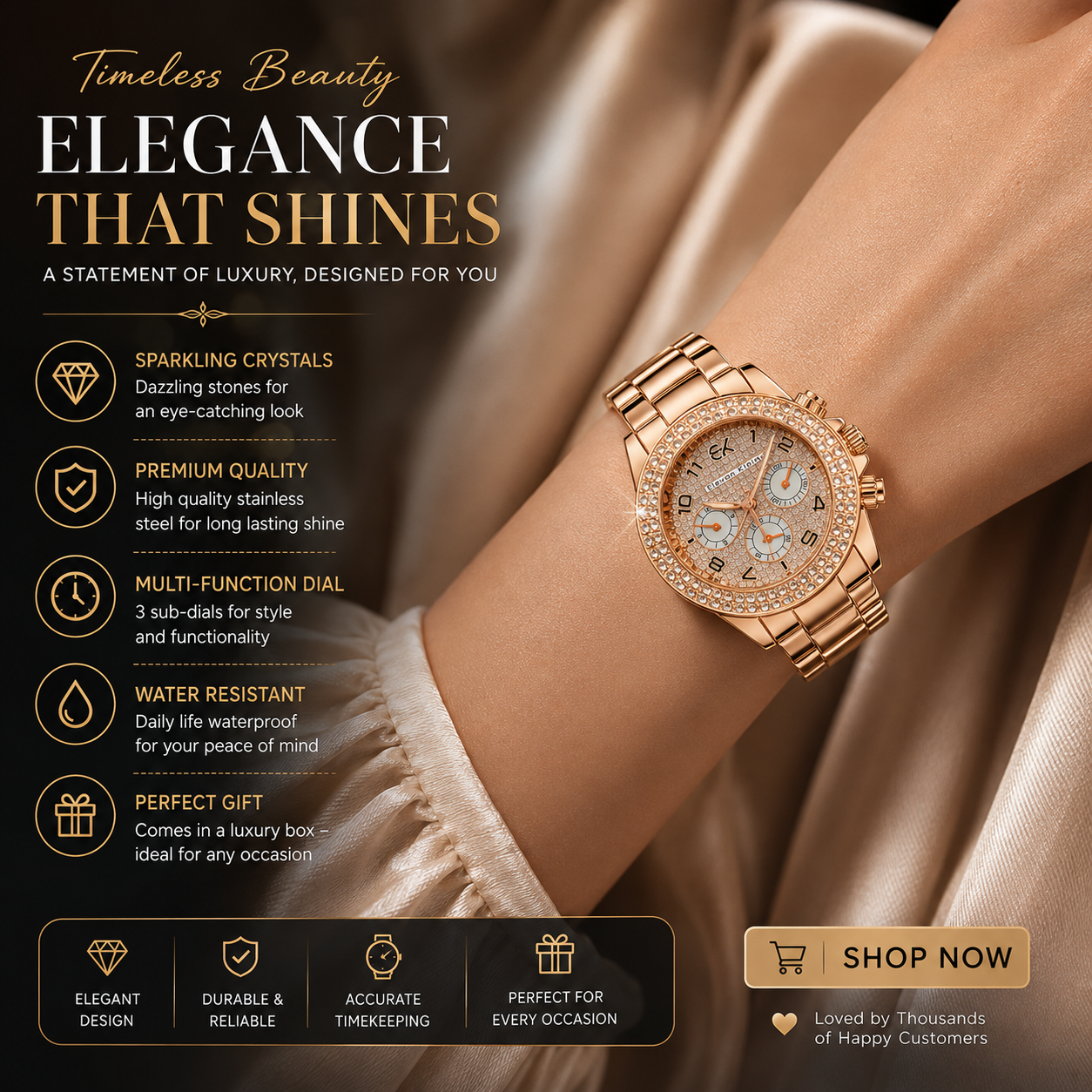 Luxury Rose Gold ELCVOD KLEIN Crystal Chronograph Watch for Men & Women