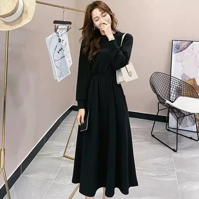 Korean Style Long Sleeve Black Dress Large Swing Waist
