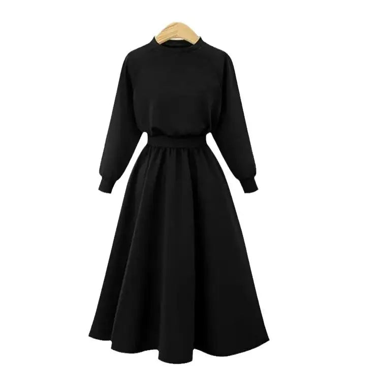 Korean Style Long Sleeve Black Dress Large Swing Waist