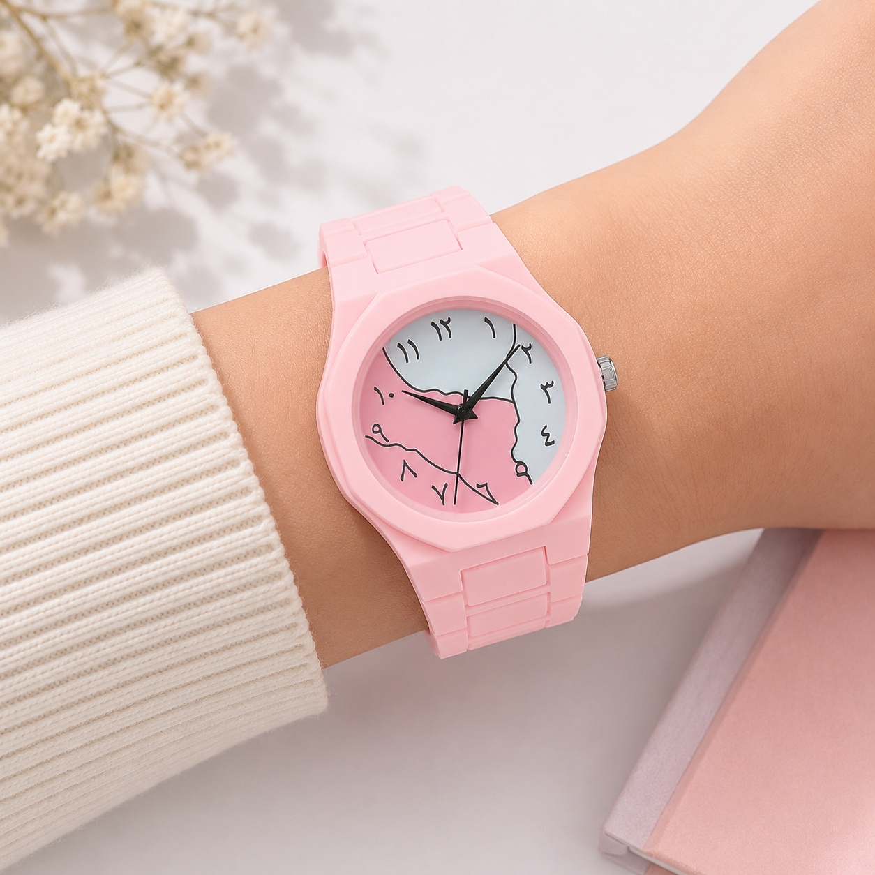 Pink Carbon Fiber Women's Watch with Butterfly Look