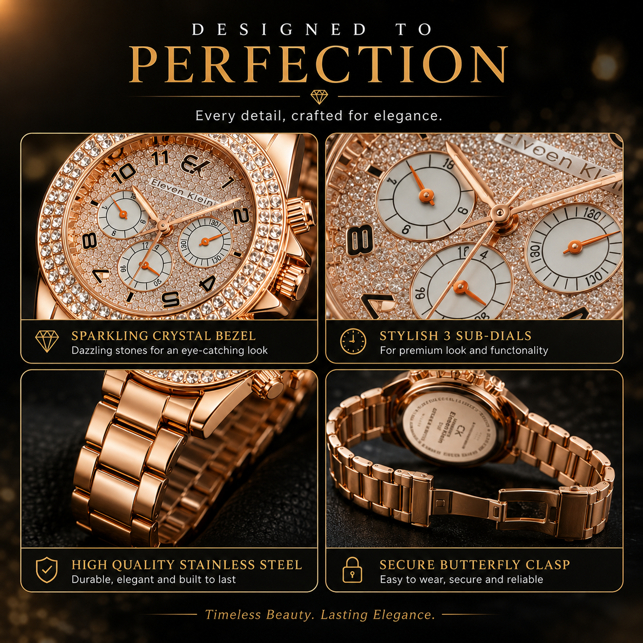 Luxury Rose Gold ELCVOD KLEIN Crystal Chronograph Watch for Men & Women