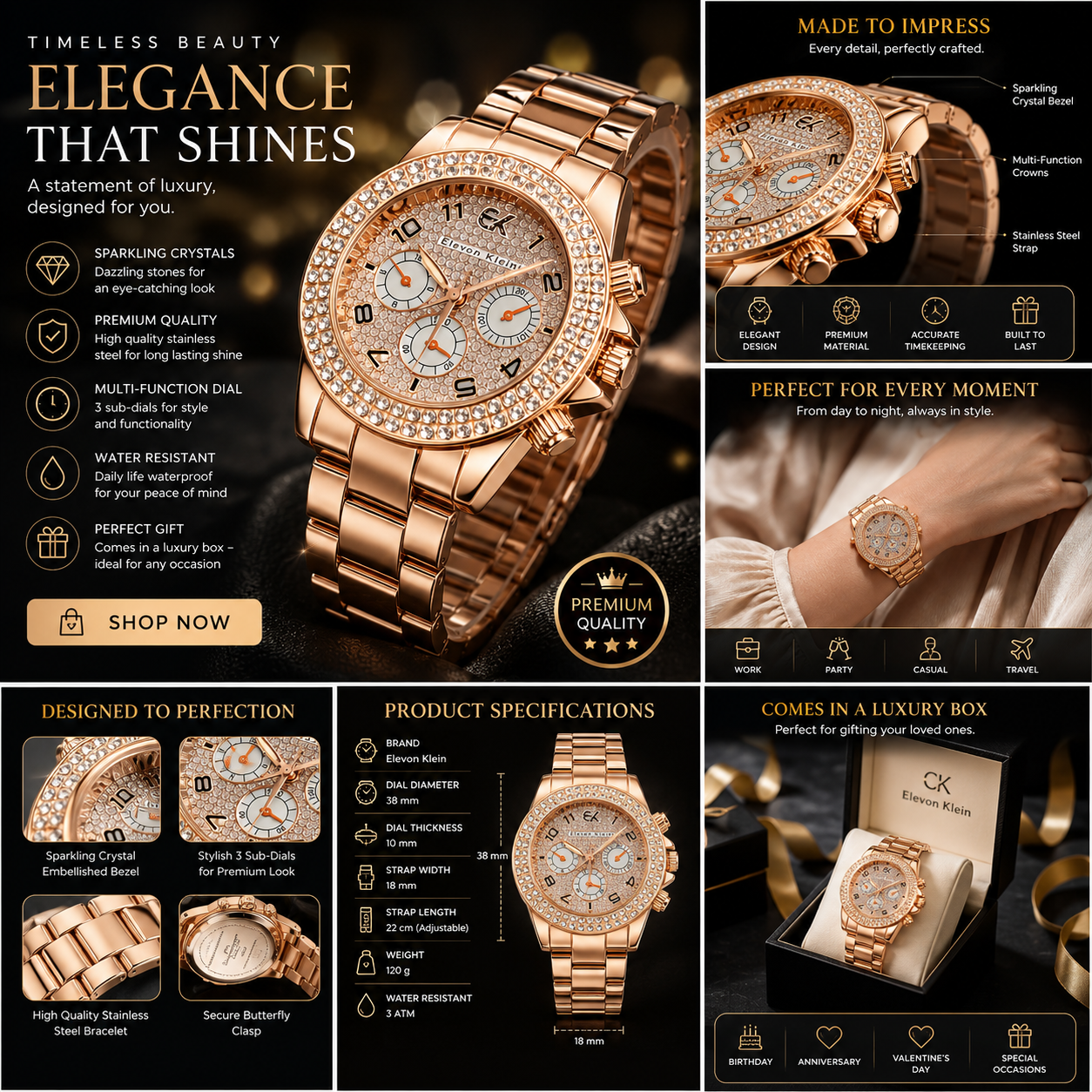 Luxury Rose Gold ELCVOD KLEIN Crystal Chronograph Watch for Men & Women