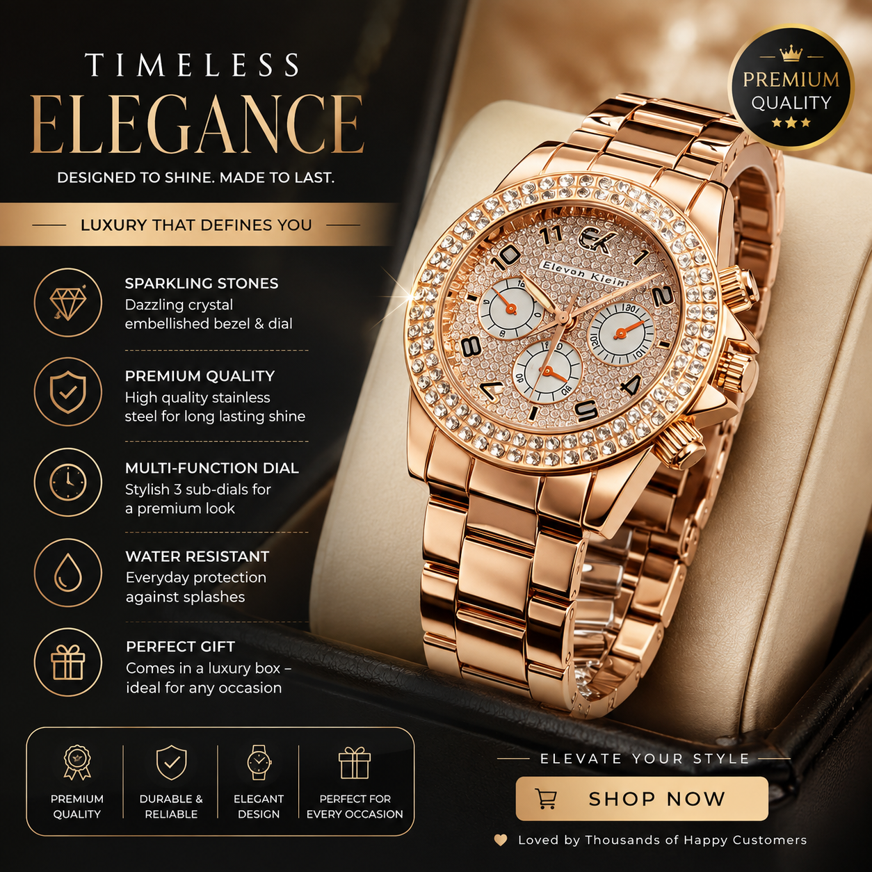 Luxury Rose Gold ELCVOD KLEIN Crystal Chronograph Watch for Men & Women