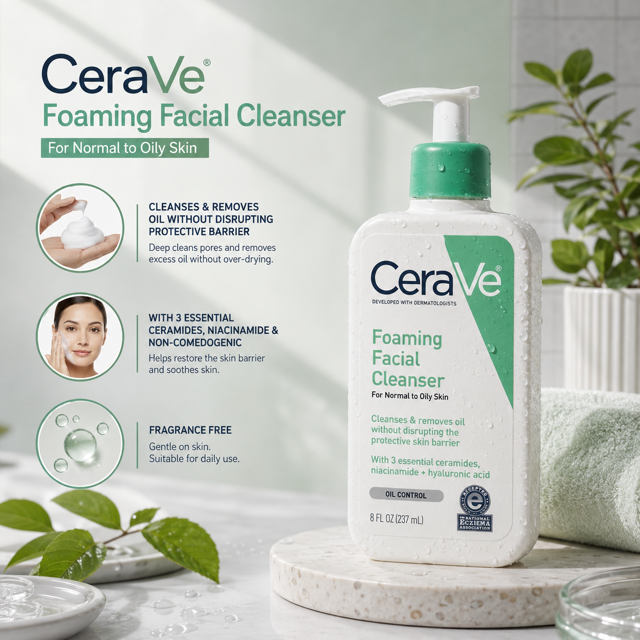 CeraVe Foaming Facial Cleanser 237ml – For Normal to Oily Skin