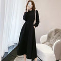 Korean Style Long Sleeve Black Dress Large Swing Waist