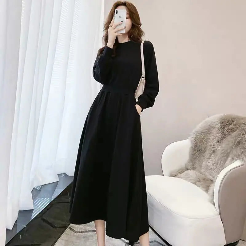 Korean Style Long Sleeve Black Dress Large Swing Waist