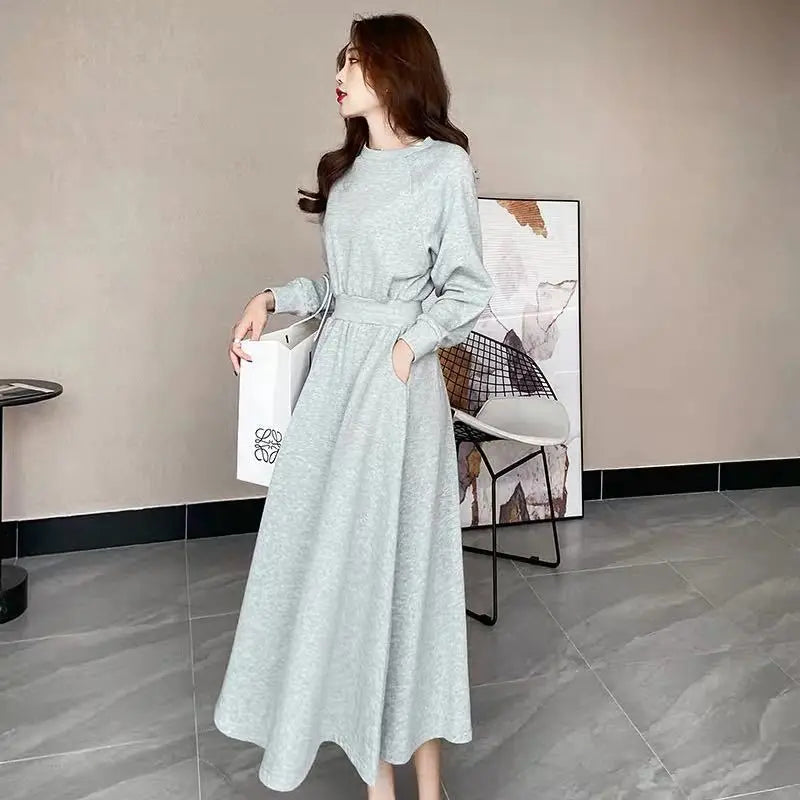 Korean Style Long Sleeve Black Dress Large Swing Waist