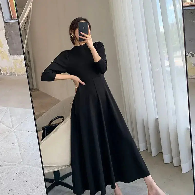 Korean Style Long Sleeve Black Dress Large Swing Waist